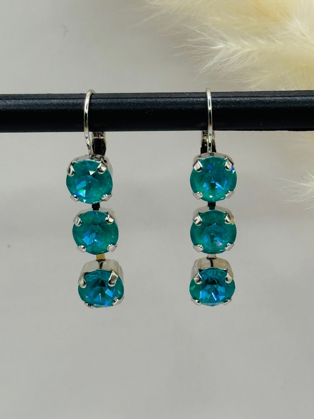Silver Triple Aqua Blue  Crystal Drop Earrings